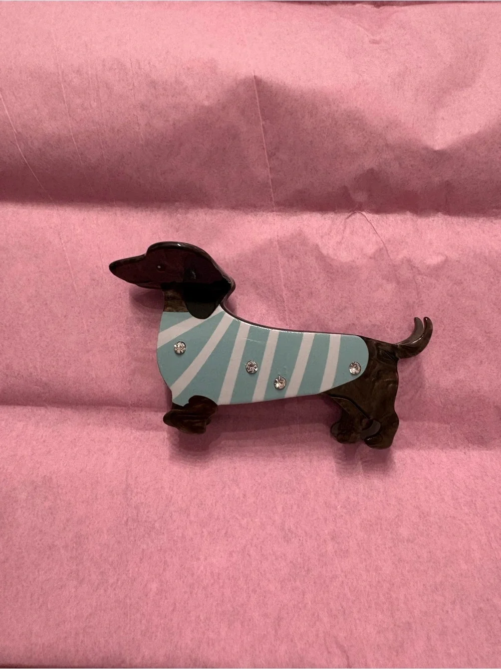 Dachshund Dog Brooch Pin in Light Blue Stripe